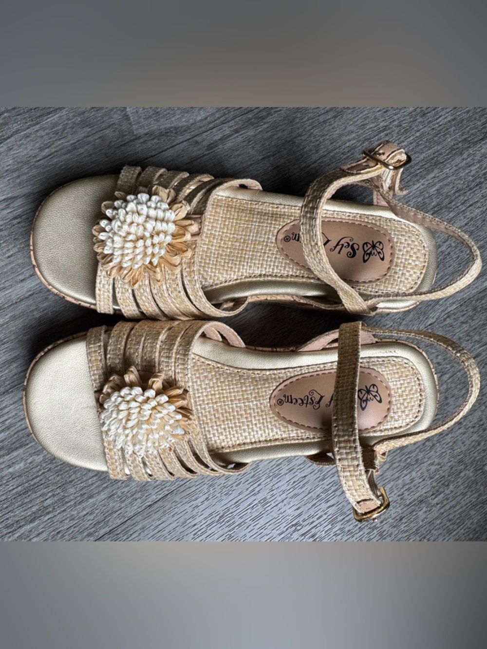 Girls Self Esteem Gold Floral Wedge Sandals